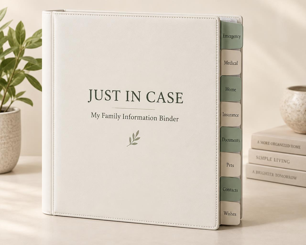A cream three-ring binder labeled Just In Case, My Family Information Binder, with labeled tabs for Emergency, Medical, Home, Insurance, Documents, Pets, Contacts and Wishes.
